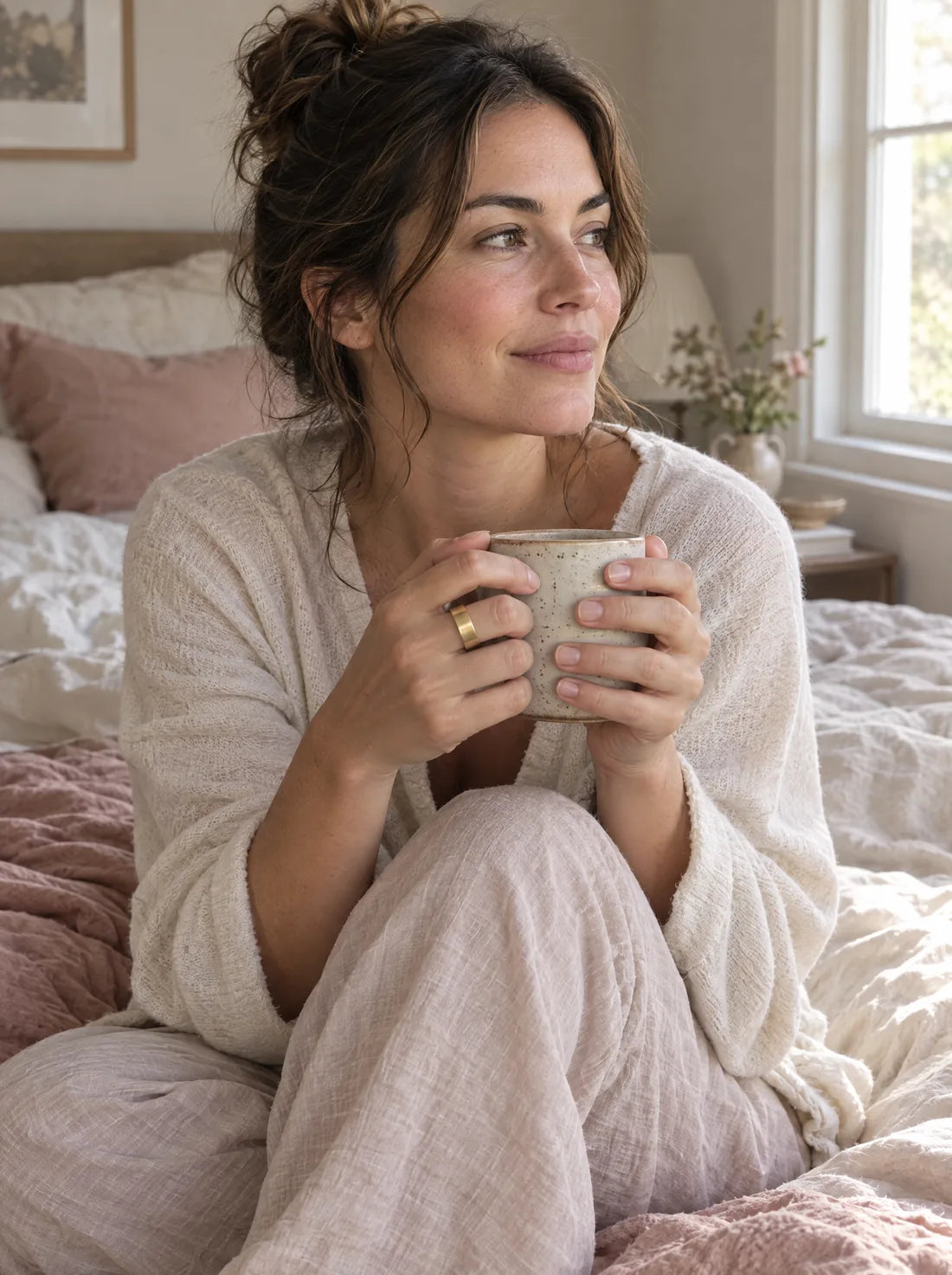 Vrouw op bed in de ochtend met de Evia Ring