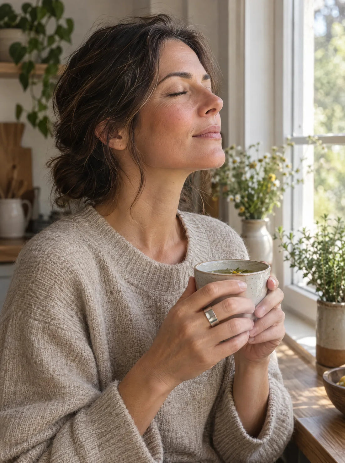 Vrouw met thee bij het raam, met de Evia Ring